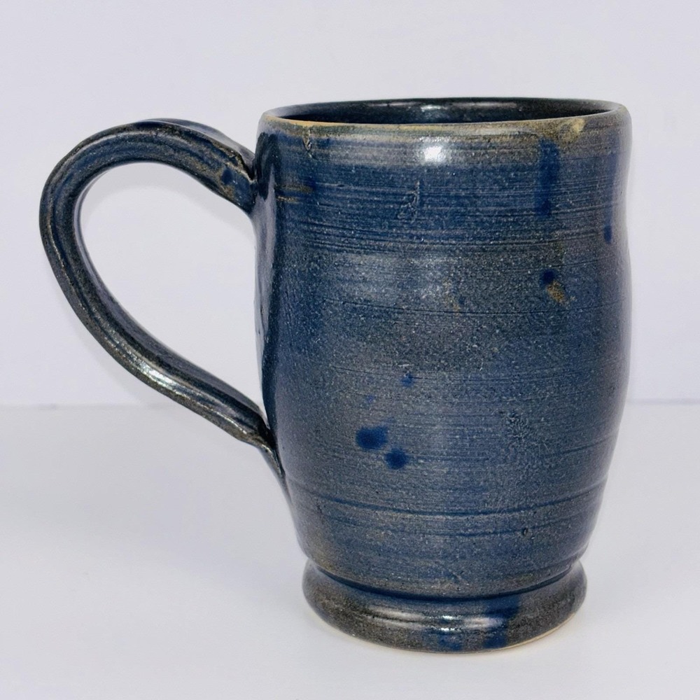 VTG Signed Studio Pottery Mug Blue Teal Stoneware Hand Thrown Georgia Folk Art